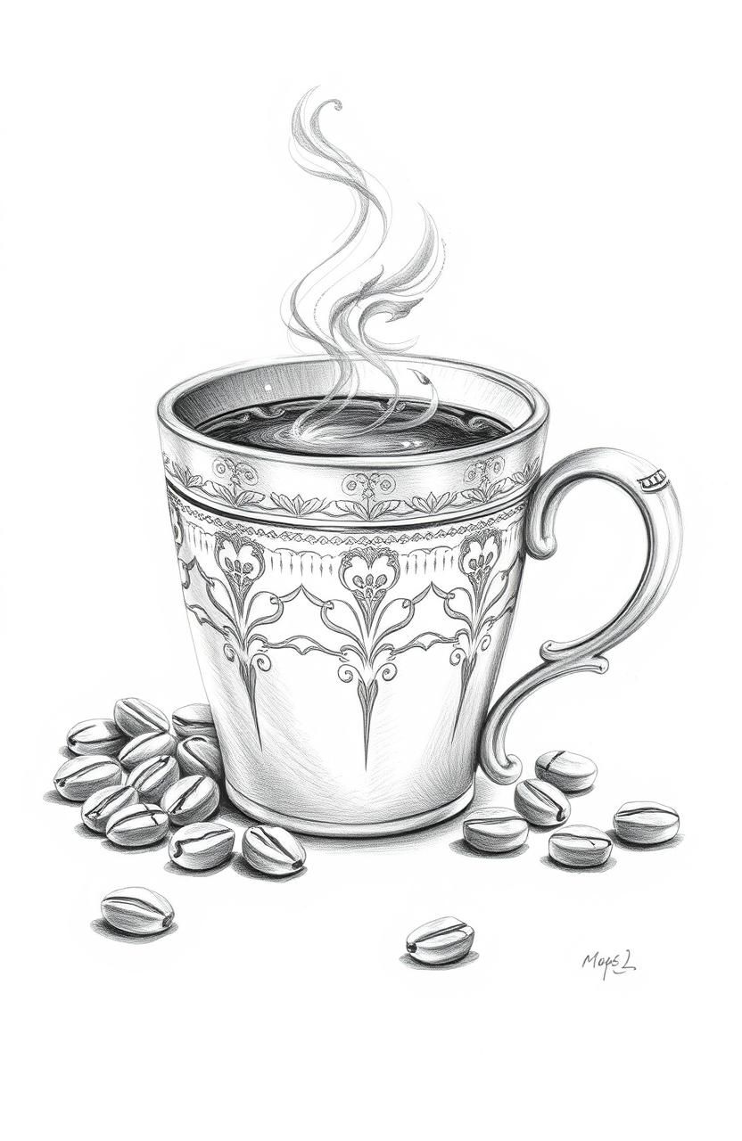A beautifully detailed pencil sketch of a coffee cup, featuring realistic shading and texture to capture the warmth and comfort of a steaming beverage