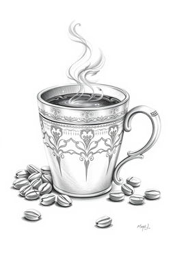 A beautifully detailed pencil sketch of a coffee cup, featuring realistic shading and texture to capture the warmth and comfort of a steaming beverage