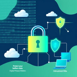A vibrant illustration of data security concepts featuring a large padlock symbol, digital binary code flowing in the background, and a glowing shield representing protection of personal information