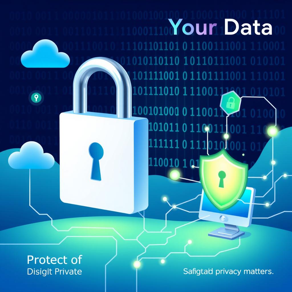 A vibrant illustration of data security concepts featuring a large padlock symbol, digital binary code flowing in the background, and a glowing shield representing protection of personal information