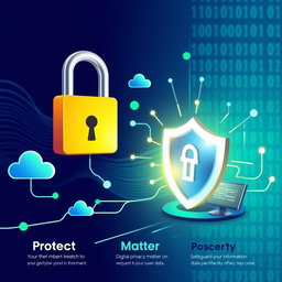 A vibrant illustration of data security concepts featuring a large padlock symbol, digital binary code flowing in the background, and a glowing shield representing protection of personal information