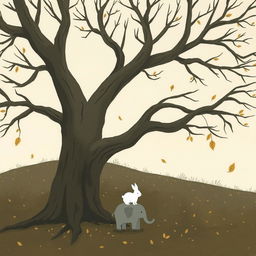 An old tree with smooth, bare branches, surrounded by an autumn scene where a few leaves float down from the sky