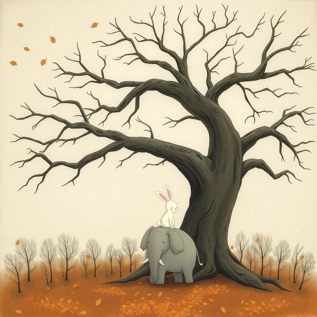 An old tree with smooth, bare branches, surrounded by an autumn scene where a few leaves float down from the sky