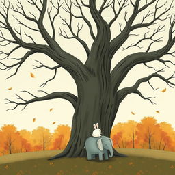 An old tree with smooth, bare branches, surrounded by an autumn scene where a few leaves float down from the sky
