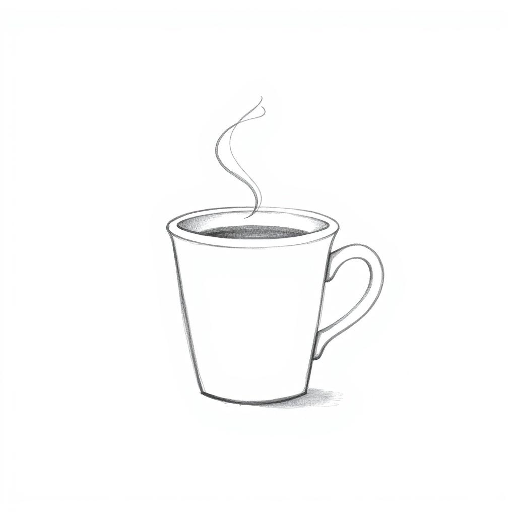 A simple yet charming pencil sketch of a classic coffee cup, with clean lines and minimalistic design