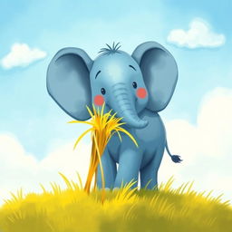 A blue little elephant standing on yellow grass, with some yellow grass placed on its trunk