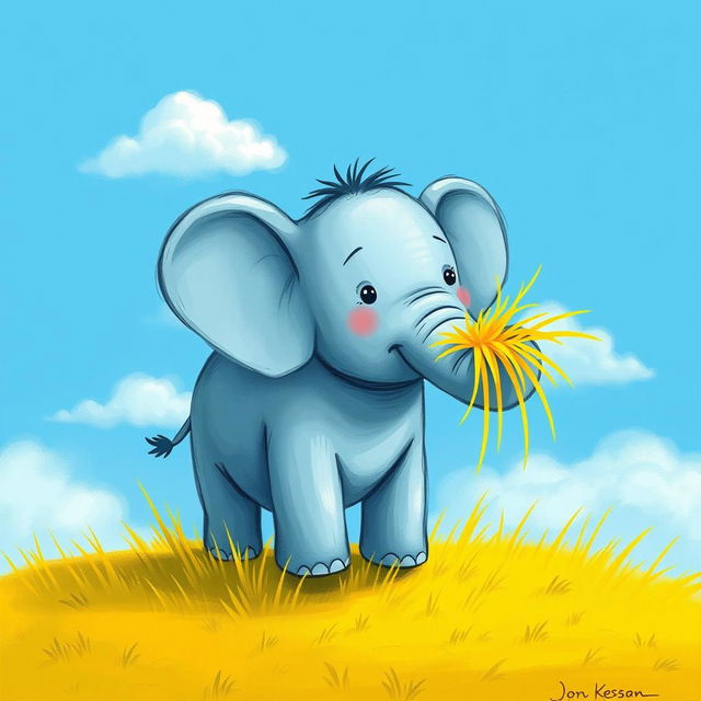 A blue little elephant standing on yellow grass, with some yellow grass placed on its trunk