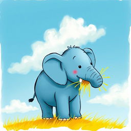 A blue little elephant standing on yellow grass, with some yellow grass placed on its trunk