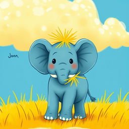 A blue little elephant standing on yellow grass, with some yellow grass placed on its trunk