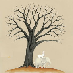 An old tree with smooth, bare branches, set against an autumn backdrop where a few leaves gently float down from above