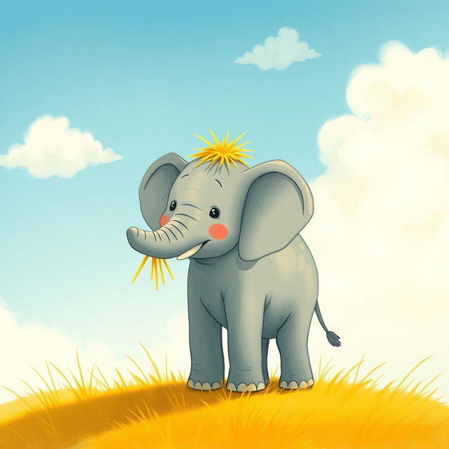 A small elephant standing on yellow grass, with some yellow grass placed on its trunk