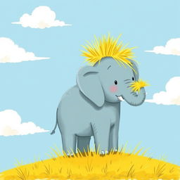 A small elephant standing on yellow grass, with some yellow grass placed on its trunk