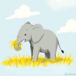 A small elephant standing on yellow grass, with some yellow grass placed on its trunk