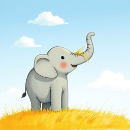A small elephant standing on yellow grass, with some yellow grass placed on its trunk