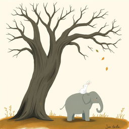 An old tree with smooth, bare branches, against a backdrop of autumn where a few leaves gracefully float down from the air