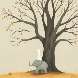 An old tree with smooth, bare branches, against a backdrop of autumn where a few leaves gracefully float down from the air