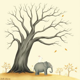 An old tree with smooth, bare branches, against a backdrop of autumn where a few leaves gracefully float down from the air