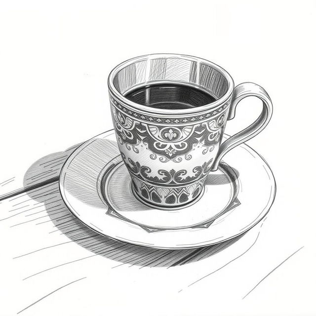A detailed pencil sketch of a coffee cup placed on a saucer