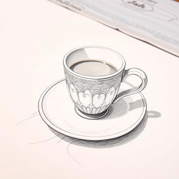 A detailed pencil sketch of a coffee cup placed on a saucer