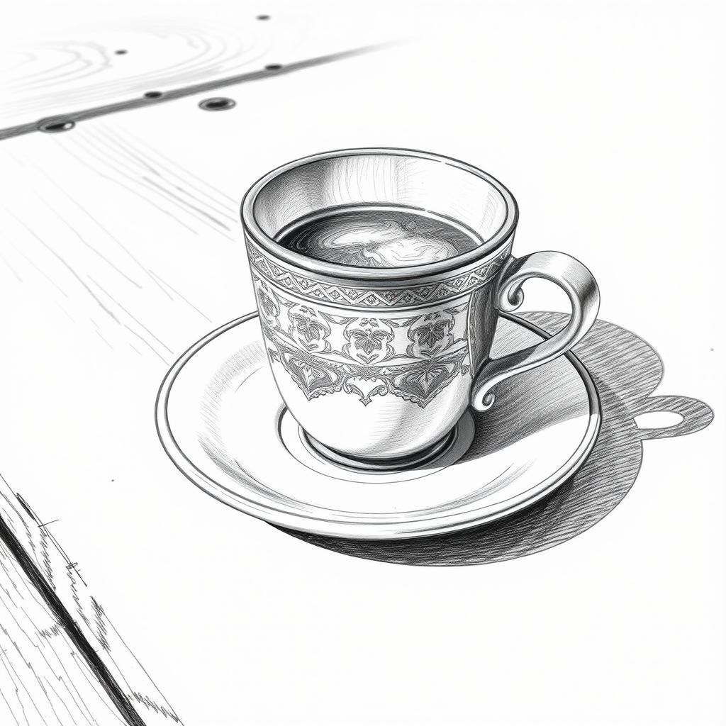 A detailed pencil sketch of a coffee cup placed on a saucer