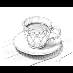 A detailed pencil sketch of a coffee cup placed on a saucer