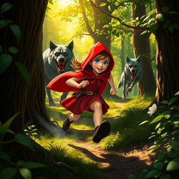 A dynamic scene depicting Little Red Riding Hood in her signature red cloak, sprinting through a lush, enchanted forest