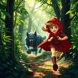 A dynamic scene depicting Little Red Riding Hood in her signature red cloak, sprinting through a lush, enchanted forest