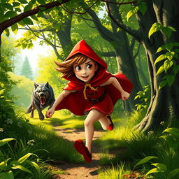 A dynamic scene depicting Little Red Riding Hood in her signature red cloak, sprinting through a lush, enchanted forest