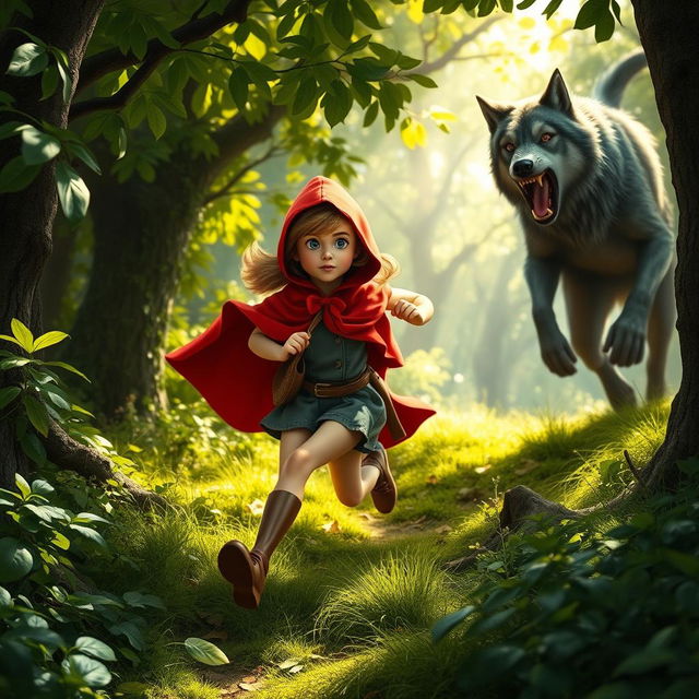 A dynamic scene depicting Little Red Riding Hood in her signature red cloak, sprinting through a lush, enchanted forest