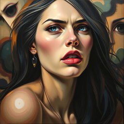 A surreal and expressive portrait of a long-haired woman with striking features, staring intensely into the distance, her expression a blend of longing and mystery