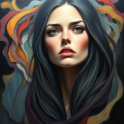 A surreal and expressive portrait of a long-haired woman with striking features, staring intensely into the distance, her expression a blend of longing and mystery