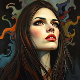 A surreal and expressive portrait of a long-haired woman with striking features, staring intensely into the distance, her expression a blend of longing and mystery
