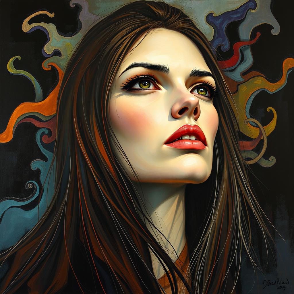 A surreal and expressive portrait of a long-haired woman with striking features, staring intensely into the distance, her expression a blend of longing and mystery