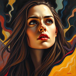 A surreal and expressive portrait of a long-haired woman with striking features, staring intensely into the distance, her expression a blend of longing and mystery
