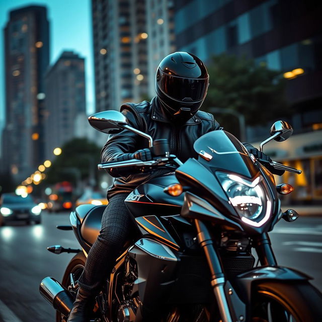 A powerful motorcycle rider wearing a sleek black helmet, sitting confidently on a shiny, modern motorcycle