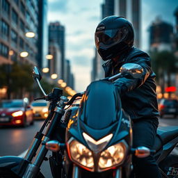 A powerful motorcycle rider wearing a sleek black helmet, sitting confidently on a shiny, modern motorcycle