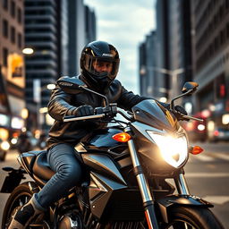 A powerful motorcycle rider wearing a sleek black helmet, sitting confidently on a shiny, modern motorcycle