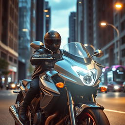 A powerful motorcycle rider wearing a sleek black helmet, sitting confidently on a shiny, modern motorcycle
