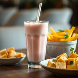 A beautifully arranged table setting featuring a sticky lychee milk drink in a clear glass, frosty with condensation, its pink hue glowing under soft lighting