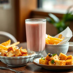 A beautifully arranged table setting featuring a sticky lychee milk drink in a clear glass, frosty with condensation, its pink hue glowing under soft lighting