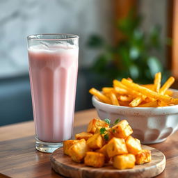 A beautifully arranged table setting featuring a sticky lychee milk drink in a clear glass, frosty with condensation, its pink hue glowing under soft lighting