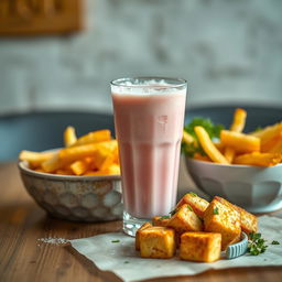 A beautifully arranged table setting featuring a sticky lychee milk drink in a clear glass, frosty with condensation, its pink hue glowing under soft lighting