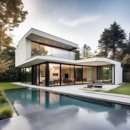 A modern house with sleek lines, large windows, minimalist aesthetics, and stylish furniture. The house should be in an open environment with abundant natural light.