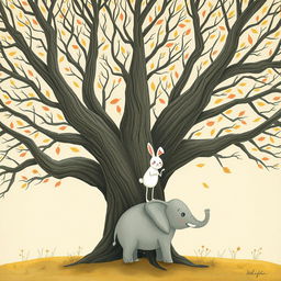 An ancient tree with bare, smooth branches, set against a backdrop of autumn as a few leaves delicately float through the air
