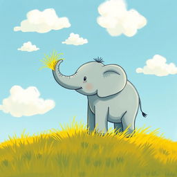 A small elephant standing on yellow grass, with some yellow grass playfully placed on its trunk