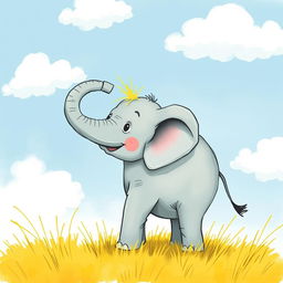 A small elephant standing on yellow grass, with some yellow grass playfully placed on its trunk