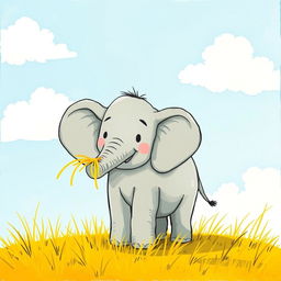 A small elephant standing on yellow grass, with some yellow grass playfully placed on its trunk