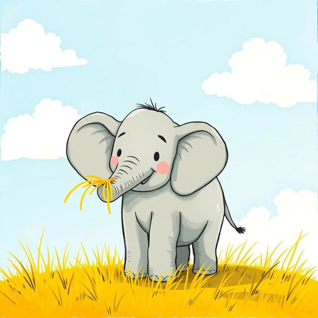 A small elephant standing on yellow grass, with some yellow grass playfully placed on its trunk