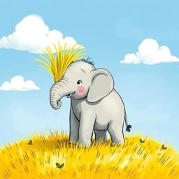 A small elephant standing on yellow grass, with some yellow grass playfully placed on its trunk
