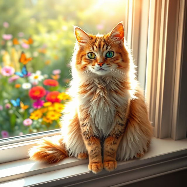 A beautiful, fluffy cat sitting gracefully on a windowsill with sunlight streaming in, its fur glistening